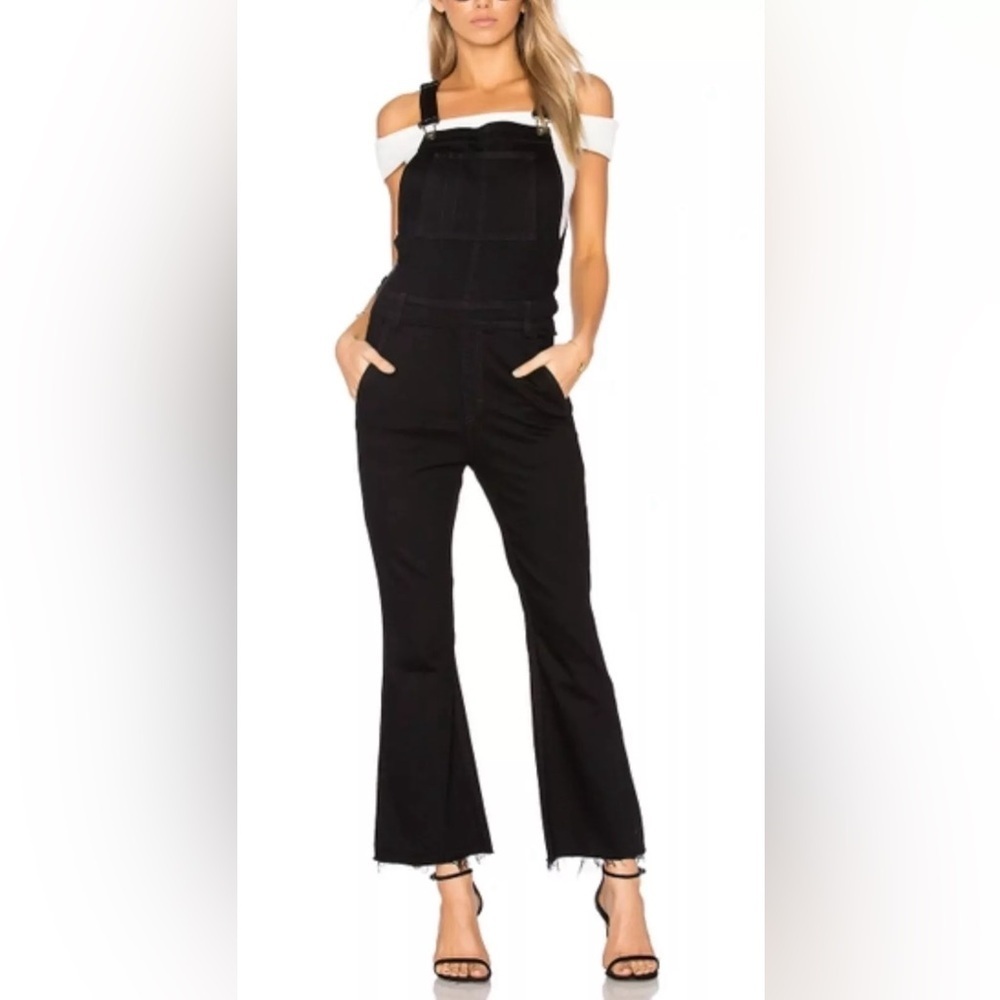 rag & bone Cropped Black Denim Overall Jumpsuit Raw Hem Size Large